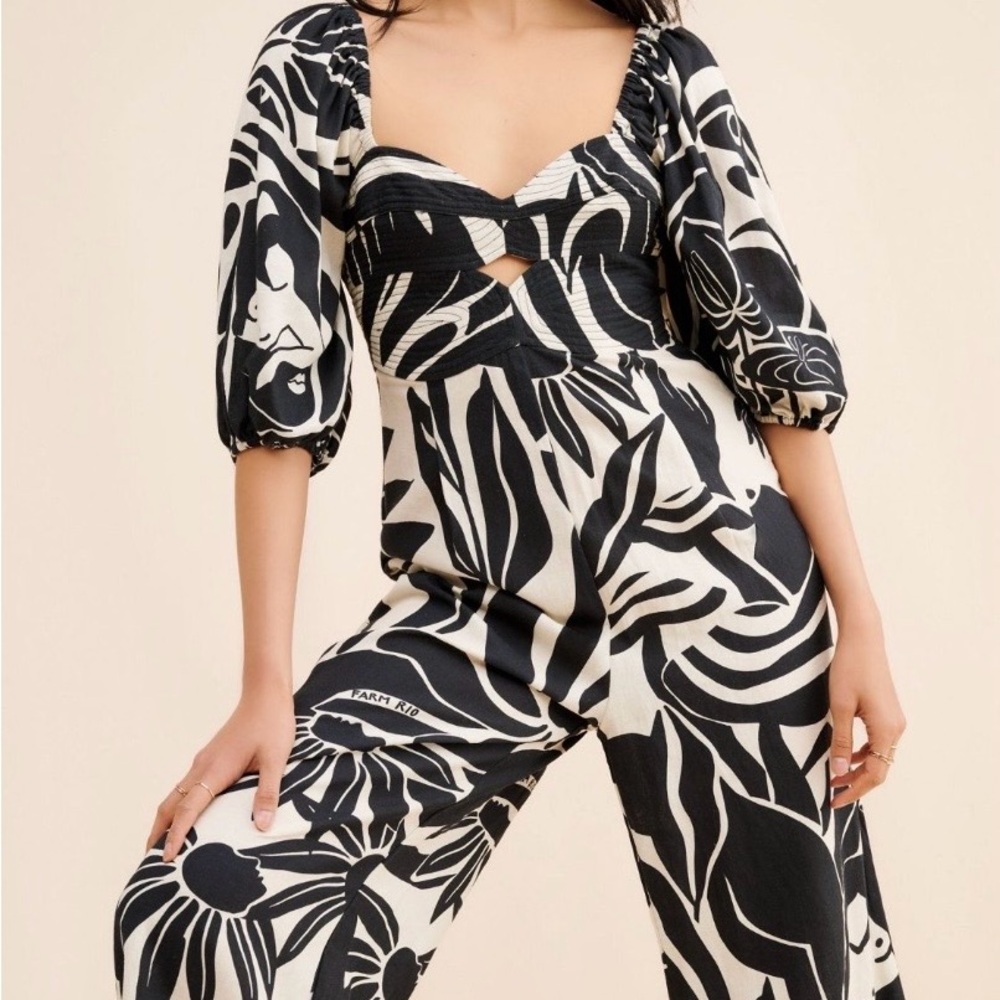 FARM Rio Black and White Patterned Jumpsuit